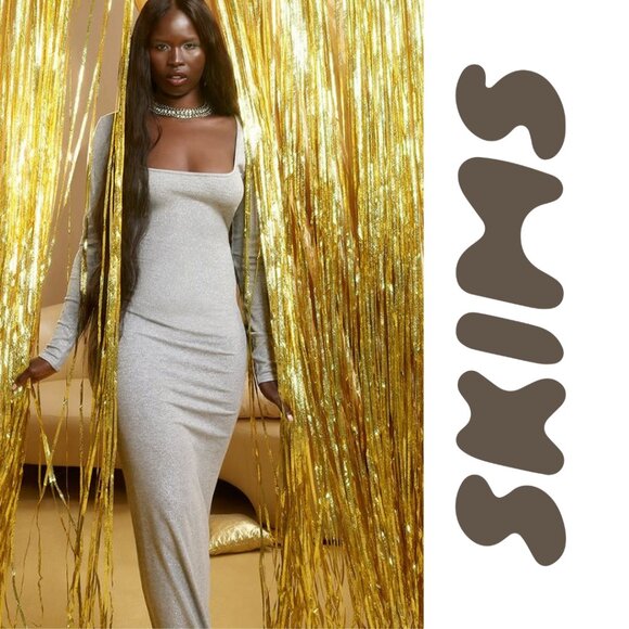 SKIMS Dresses & Skirts - SKIMS Soft Lounge Long Sleeve SHIMMER FOIL Maxi Dress - Ribbed - Grey - NWT - XL